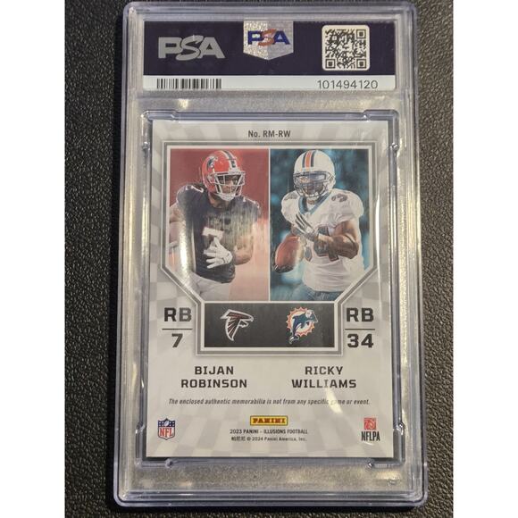 2023 Illusions Bijan Robinson/Ricky Williams Rookie Dual Mem Black #/50 PSA 8 - Picture 2 of 2